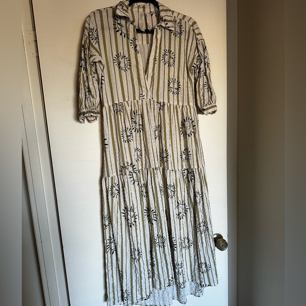 Anthropologie The Carolita Green & White Striped Sun Print Long Dress